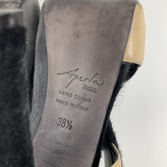 Aperlai Paris Womens Black Gray Tan Leather Pony Peep Toe Heels Size 38 1/2 - Picture 14 of 16